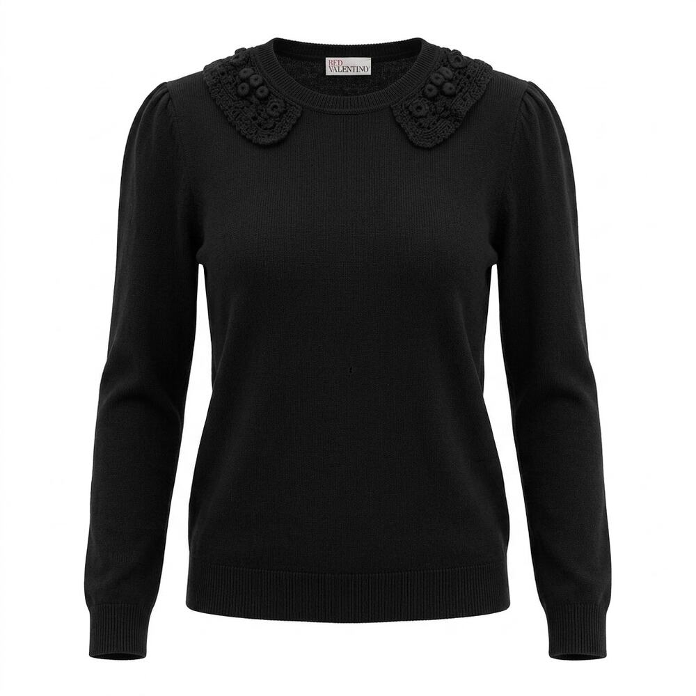 RED Valentino Black Crochet Collar Sweater Pullover Women See Measurements
